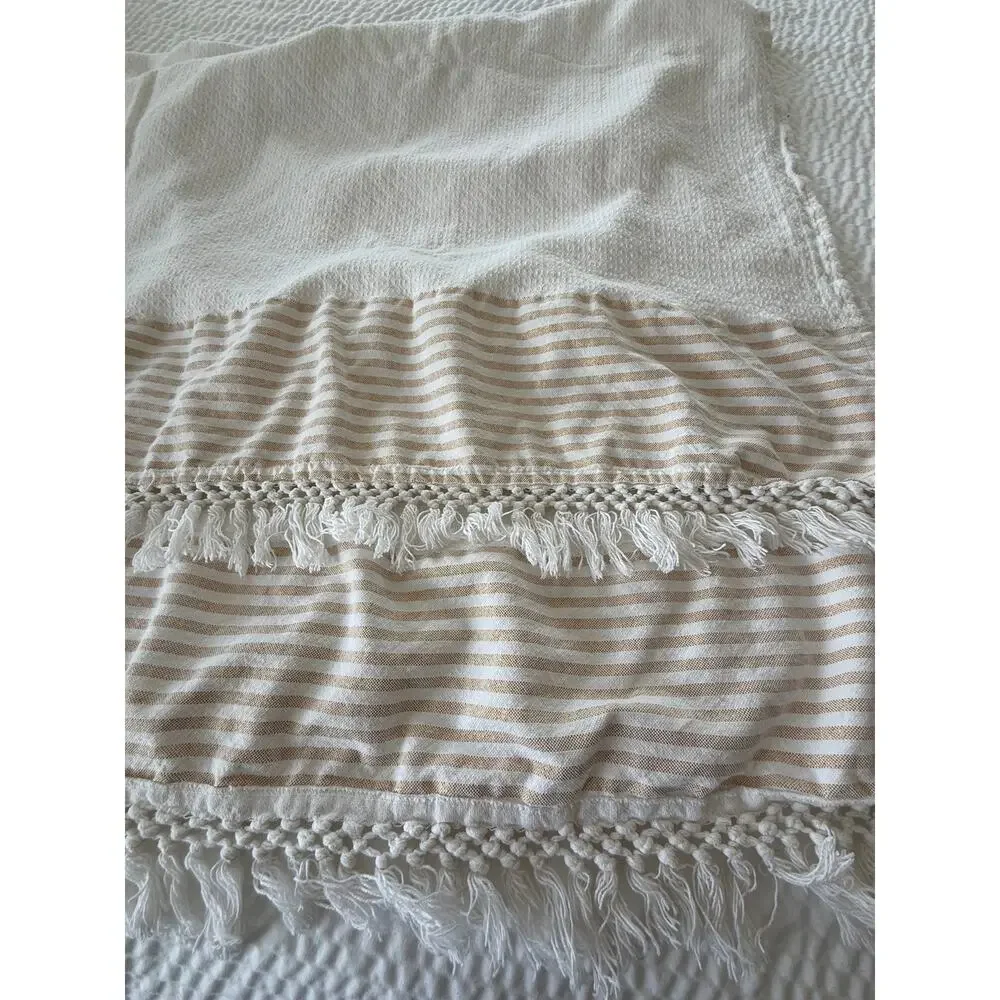 Lilly Pulitzer Gold Stripe Fringe Cotton Throw Blanket White 66x66 Square Resort